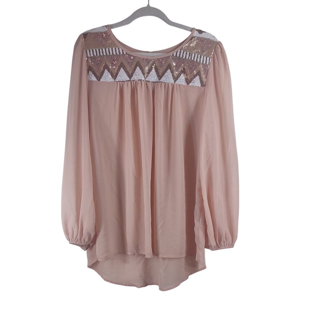 Umgee Sheer Peach Blouse with Sequin Detail, Size Large